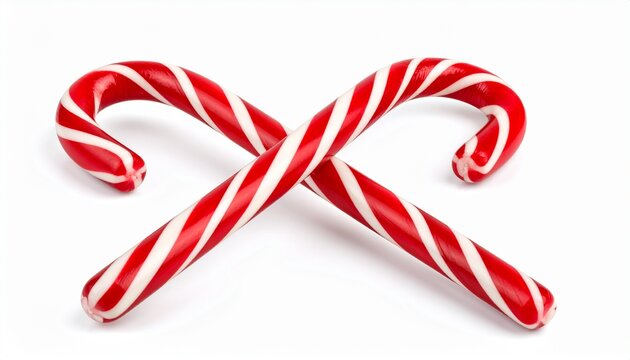 Two red and white candy canes crossed isolated on white background