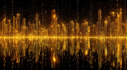 Naklejka premium Golden cityscape reflected in still water, glittering particles in night sky
