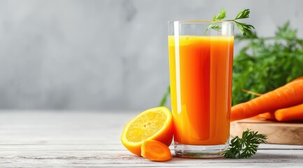 Vibrant orange juice in a tall glass, garnished with parsley, beside sliced oranges and carrots on a rustic wooden surface