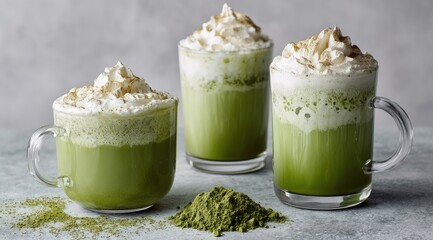 Three glasses of vibrant green matcha lattes, topped with whipped cream and a sprinkle of cinnamon, sit alongside a small pile of matcha powder on a light gray surface