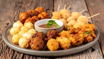 An assortment of fried, savory food balls on a gray plate with dipping sauce is on a rustic table.