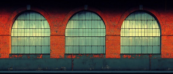 Aged industrial building facade with arched windows