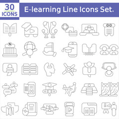  E-learning Line Icons Set. Education, Teaching, Online Study, Audiobook, Podcast, Video Course, Seminar, Library, Graduation Icons Editable Stroke Vector Illustration