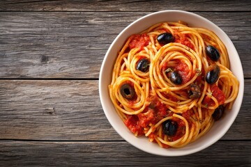 A bowl of spaghetti in a rich tomato sauce, garnished with Kalamata olives and a sprig of thyme, sits on a rustic wooden surface