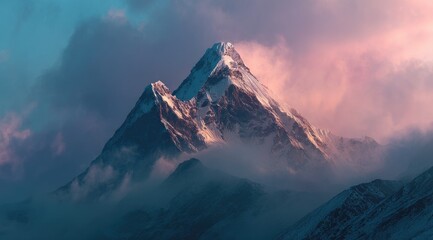 Majestic snow-capped mountain peak shrouded in pastel sunset clouds, with misty valleys below