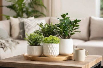 Four potted houseplants, varying textures and heights, arranged on a wooden tray with a coffee mug on a light wood coffee table, in front of a beige sofa