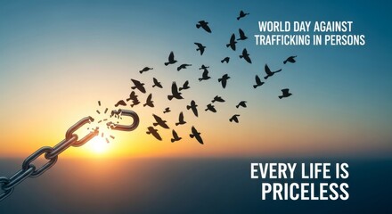 Sunrise of Freedom: Breaking Chains, Finding Wings - A broken chain transforms into birds soaring towards a sunrise, symbolizing hope, liberation, new beginnings, and freedom from oppression