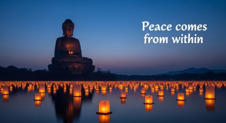 Serene Buddha and Glowing Lanterns - A tranquil scene at dusk. Floating lanterns illuminate a calm lake, with a majestic Buddha statue silhouetted in the background. Symbols of peace, serenity