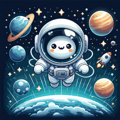 Naklejka premium cute white cartoon astronaut flying in zero gravity space