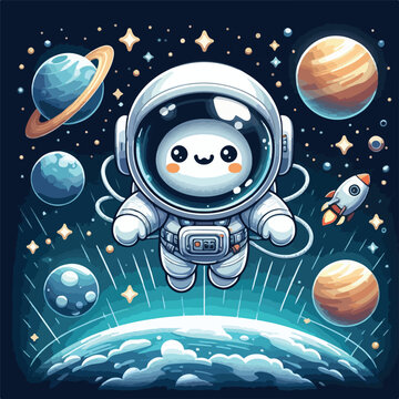 cute white cartoon astronaut flying in zero gravity space