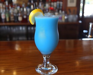 Blue cocktail with ice and lemon slice