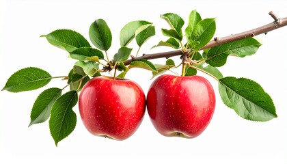 Two red apples with green leaves hang on branch isolated on white background