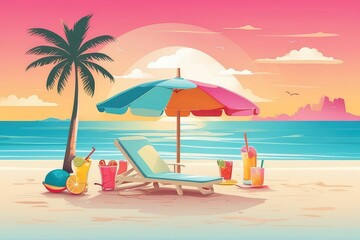 Tropical Summer Beach Illustration with Coconut Drink, Palm Trees, and Sunset


