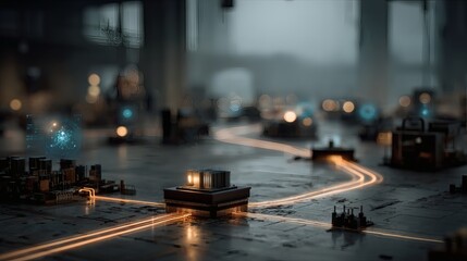 A high-tech simulation of a real-time digital feedback loop, with glowing circuits and animated blue connections responding to invisible user inputs in a holographic interface 