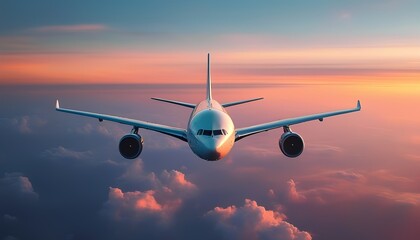 Fototapeta premium Airplane Flying Through a Colorful Sky at Sunset Commercial Aviation Travel and Transportation Passenger Jet Air Travel Modern Aircraft Aviation Industry Flight