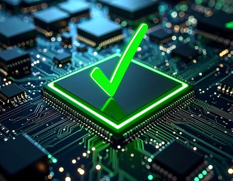 Green checkmark on a circuit board - Powered by Adobe