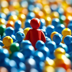 A single red figure amidst a crowd of different colors