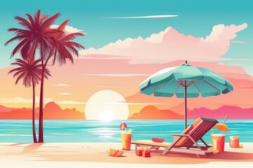Tropical Summer Beach Illustration with Coconut Drink, Palm Trees, and Sunset

