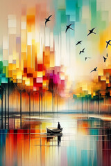 Sailing through a forest of colors &mdash; a journey of dreams and hues! Abstract Painting. Generative AI.