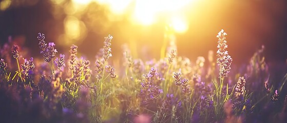 Lavender field bathed in golden sunlight