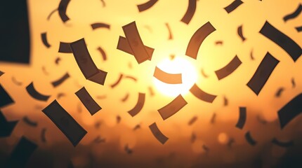 A digital rendering of black rectangles falling against an orange sunset, symbolizing financial or technological advancement