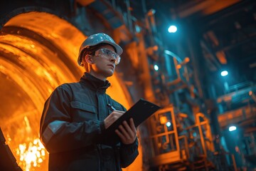 Worker in Hardhat & Safety Glasses with Clipboard & Pen Amid Industrial Machinery & Dramatic Orange-Blue Lighting, 32k resolution