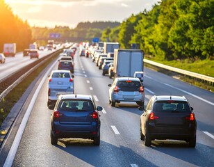 Highway traffic jam at sunset