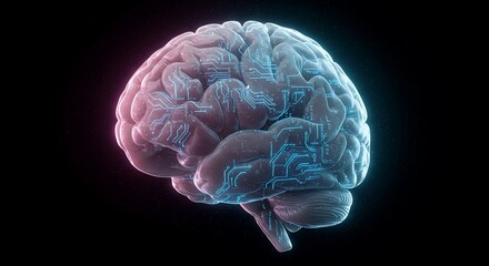 Human brain merging with digital circuitry and glowing light pulses