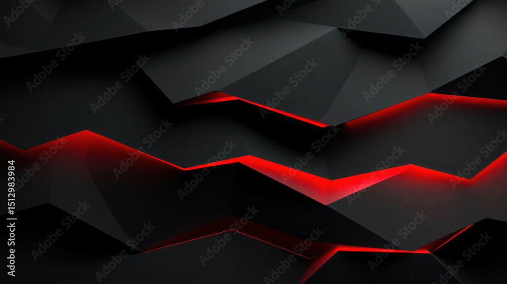Wall mural abstract geometric shapes with dynamic shadows and vibrant red highlights on dark background for fut