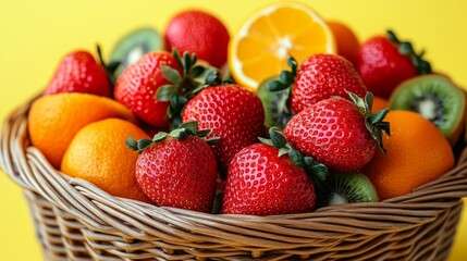 Vibrant Fruitful Bounty: A Wicker Basket Filled with Strawberries, Oranges, and Kiwis, Bursting with Freshness and Nutritional Richness on a Bright Background