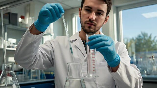 Scientist Working Carefully with Liquid in Laboratory Graduated Cylinder