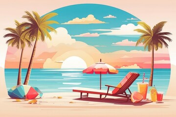 Tropical Summer Beach Illustration with Coconut Drink, Palm Trees, and Sunset

