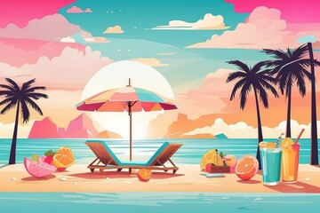 Tropical Summer Beach Illustration with Coconut Drink, Palm Trees, and Sunset

