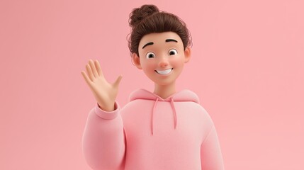Smiling 3D Avatar Waving Cheerfully in a Soft Pink Background