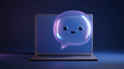 3D Floating Chatbot Bubble Above Modern Laptop in Dark Environment