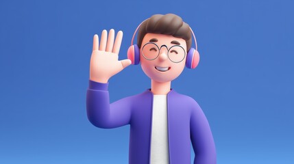 Friendly 3D Avatar Smiling and Waving with Headphones on Blue Background