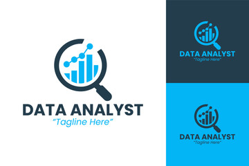 Tech-inspired Data Analyst Logo with Blue Bars and Magnifying Glass