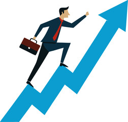 Businessman climbing a blue upward arrow, symbolizing growth, success, and achievement in the corporate world, conceptual business illustration.