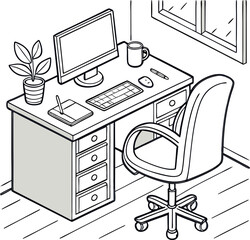 Isometric black and white workspace illustration featuring desk computer keyboard chair plant window and office stationary