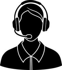 Simple black and white illustration of a customer service representative wearing a headset and collar suitable for various professional fields