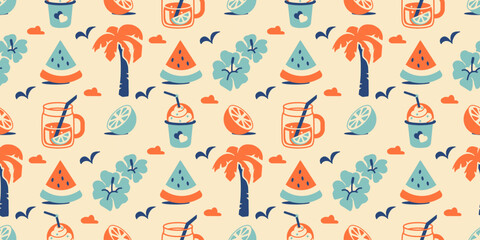 Colorful vacation seamless background featuring palm trees, watermelon slices, citrus drinks, and sea birds. Wide Retro tropical endless print. Fun flat style