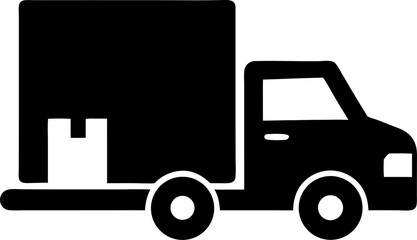 Vector illustration of a black and white delivery truck carrying boxes representing shipping transportation logistics and e-commerce concepts.
