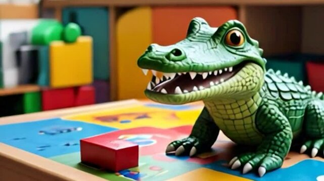  crocodile doll on the table in the children's playroom. Generative AI 