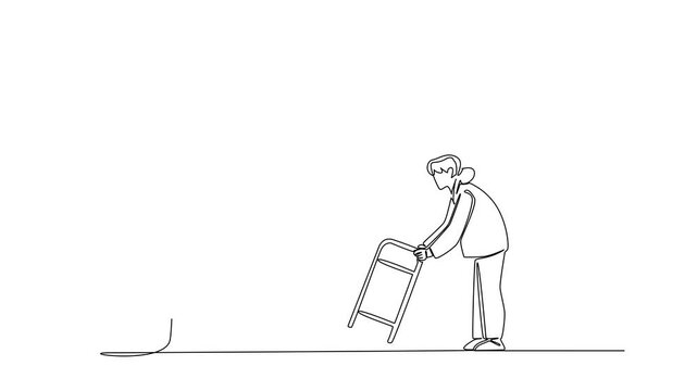 Animated self drawing of continuous one line drawing grandma chasing a hook with a dollar bill attached to it. Tempted. National Senior Fraud Awareness Day. Full length single line animation