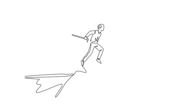 Animated self drawing of single continuous line drawing grandpa jumps off cliff try to reach big hand holding banknotes. National Senior Fraud Awareness Day. Full length single line animation