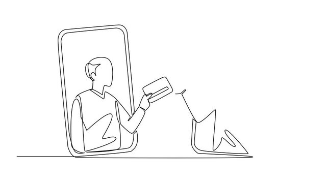 Animation of single one line drawing grandpa out of his smartphone and hands his credit card to a masked thief. National Fraud Awareness Day. Continuous line self drawing animated. Full length motion - Powered by Adobe