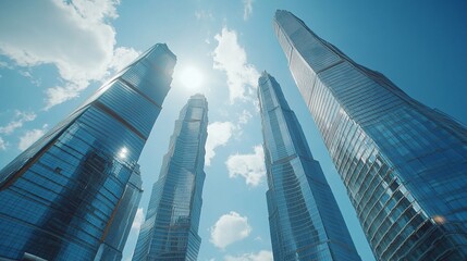 Obraz premium Four towering skyscrapers reach towards a bright blue sky with scattered white clouds creating a modern cityscape view