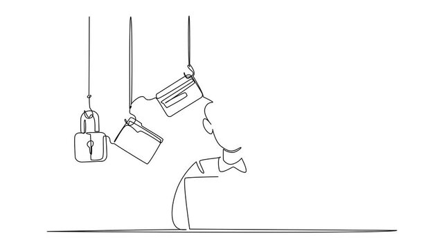Self drawing animation of single one line drawing a grandpa typing on laptop and some icons that require login. Data that is vulnerable to theft. National Fraud Awareness Day. Full length animated