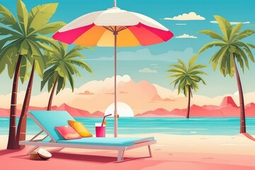 Tropical Summer Beach Illustration with Coconut Drink, Palm Trees, and Sunset

