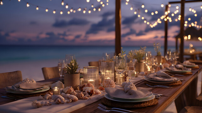 Romantic Beach Dinner Setting Sunset, Candles, and Seashells